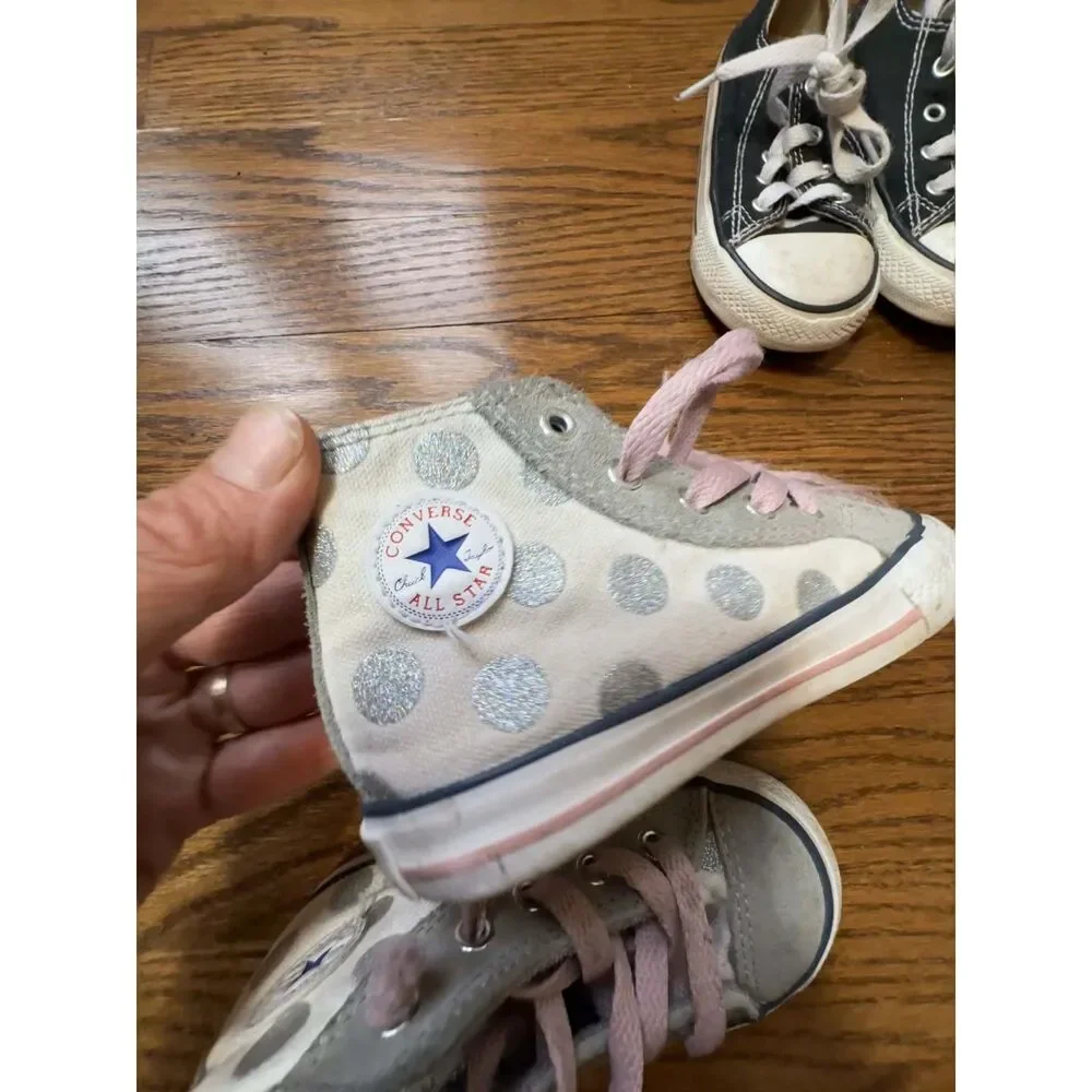 Converse Toddler Sneakers High Tops Girls Pink Polka Dot Gray Size 8 Lot (3)